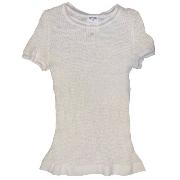 CHANEL CC Logo Rhinestone Rib Knit Short Sleeve Top Blouse Cotton White 38 - Picture 1 of 6
